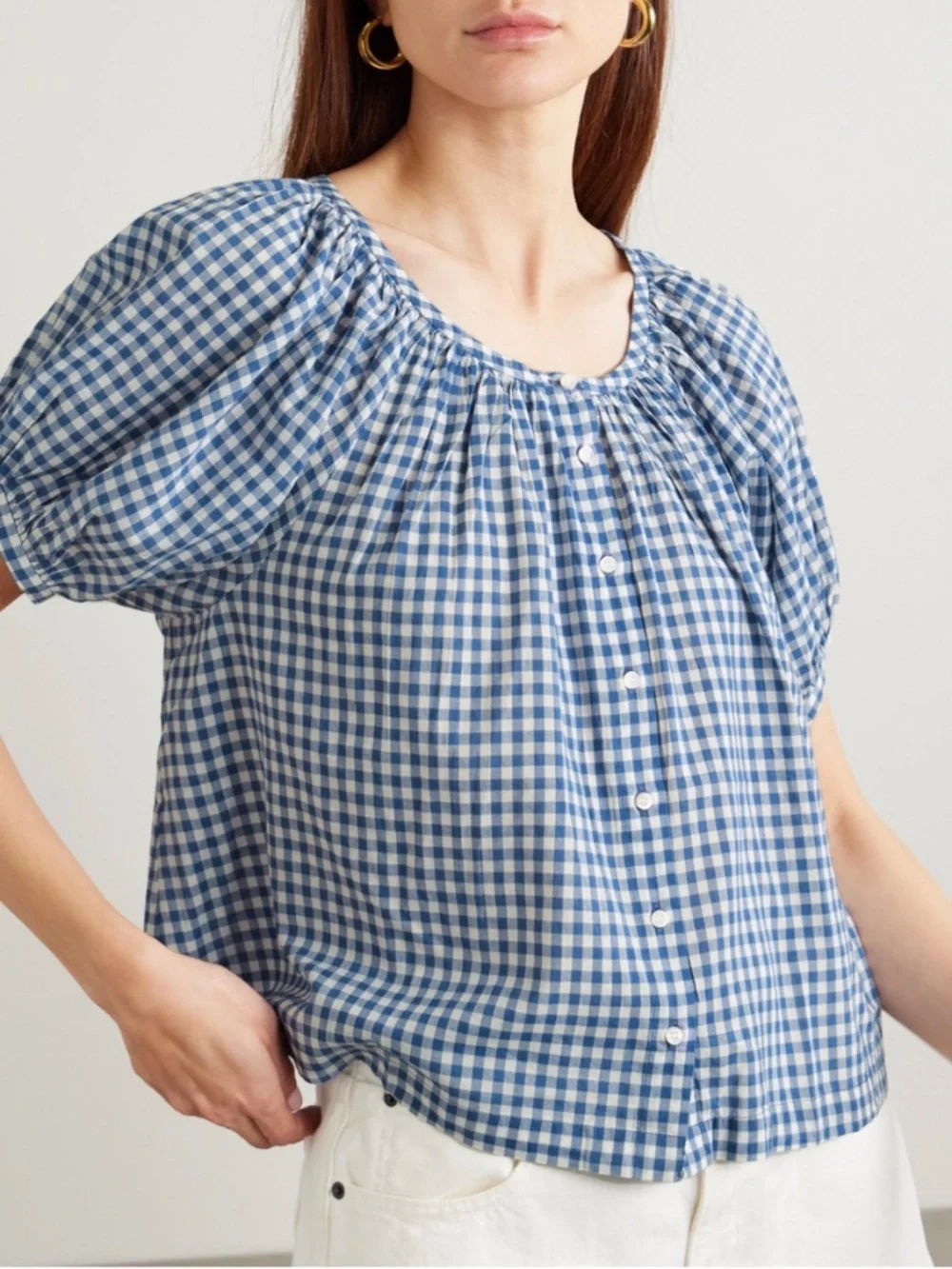 DÔEN June Blouse Top Blue Gingham Organic Cotton Blend Size XS - Picture 2 of 8